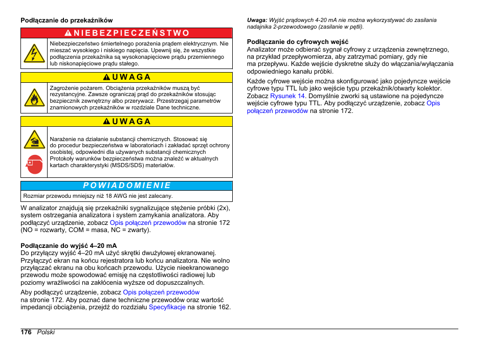 Podłączanie do przekaźników, Podłączanie do wyjść 4‍–‍20 ma, Podłączanie do cyfrowych wejść | Hach-Lange HACH 5500 sc Installation User Manual | Page 176 / 408
