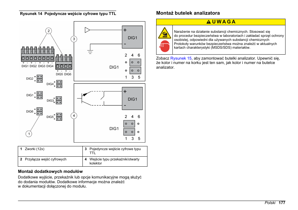 Montaż dodatkowych modułów, Montaż butelek analizatora, Rysunek 14 | Hach-Lange HACH 5500 sc Installation User Manual | Page 177 / 408