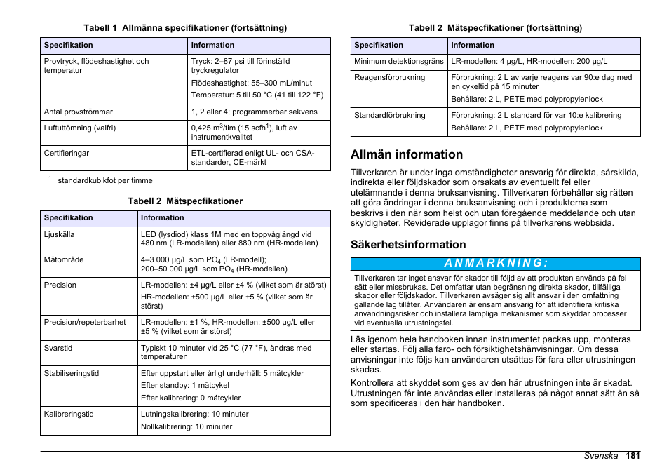 Allmän information, Säkerhetsinformation, På sidan 181 | Hach-Lange HACH 5500 sc Installation User Manual | Page 181 / 408