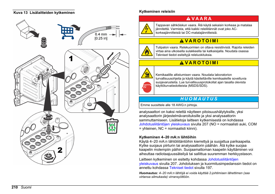 Kytkeminen releisiin, Kytkeminen 4‍–‍20 ma:n lähtöihin, Asenna tulo- ja lähtölaitteiden kaapelit kohdassa | Kuva 13 | Hach-Lange HACH 5500 sc Installation User Manual | Page 210 / 408
