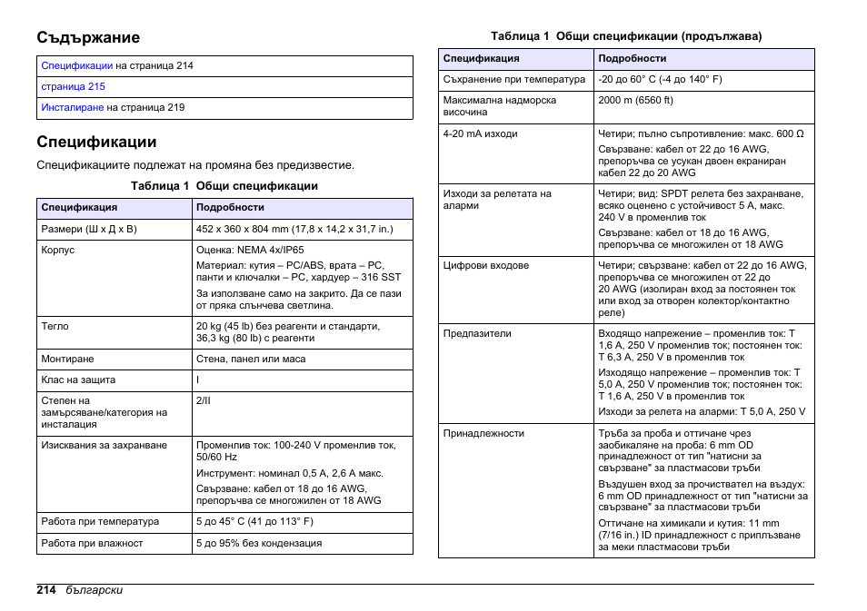 Инсталиране, Съдържание, Спецификации | Български | Hach-Lange HACH 5500 sc Installation User Manual | Page 214 / 408