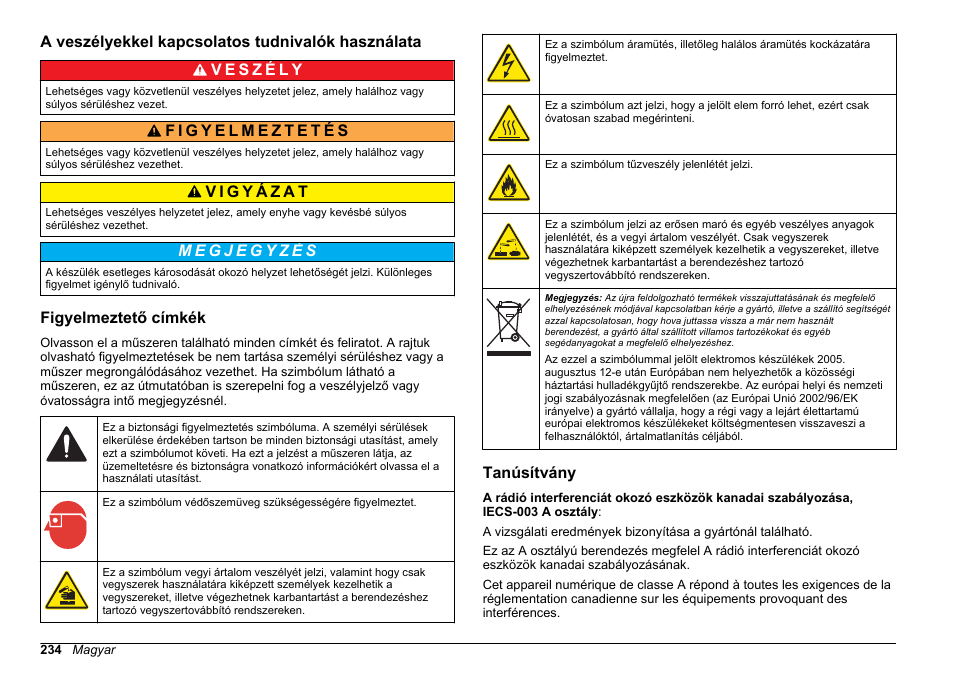 A veszélyekkel kapcsolatos tudnivalók használata, Figyelmeztető címkék, Tanúsítvány | Hach-Lange HACH 5500 sc Installation User Manual | Page 234 / 408