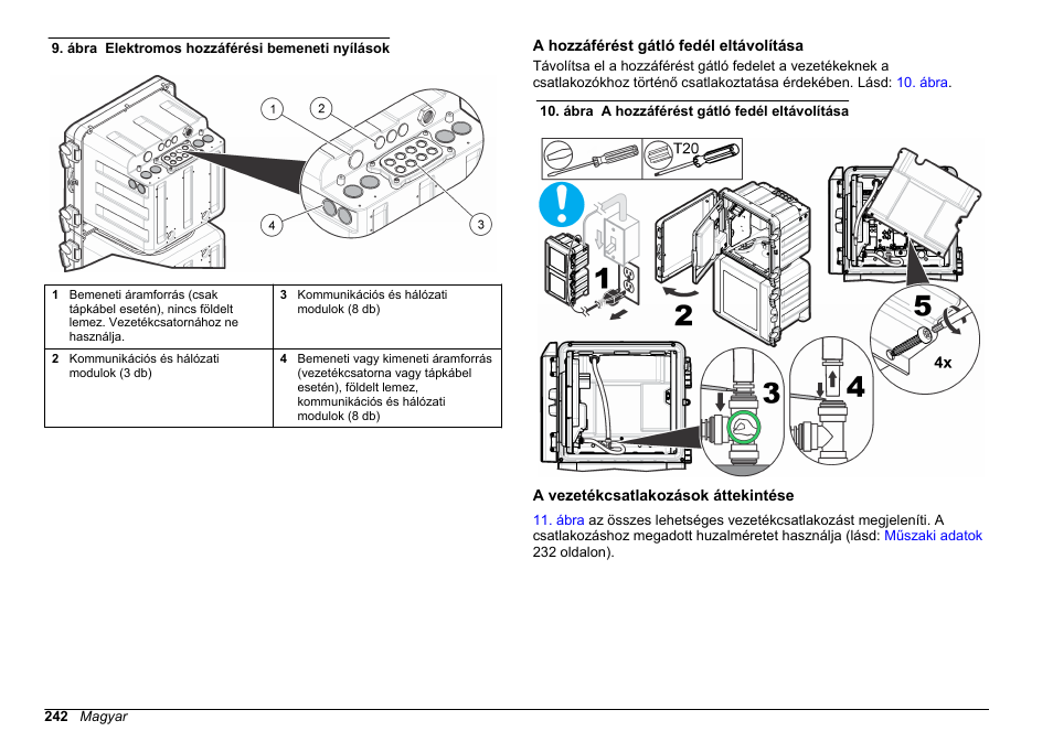A hozzáférést gátló fedél eltávolítása, A vezetékcsatlakozások áttekintése | Hach-Lange HACH 5500 sc Installation User Manual | Page 242 / 408