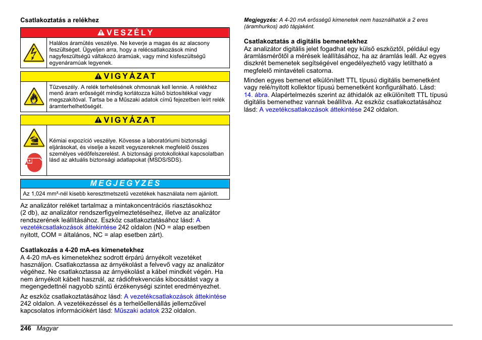 Csatlakoztatás a relékhez, Csatlakozás a 4-20 ma-es kimenetekhez, Csatlakoztatás a digitális bemenetekhez | Hach-Lange HACH 5500 sc Installation User Manual | Page 246 / 408