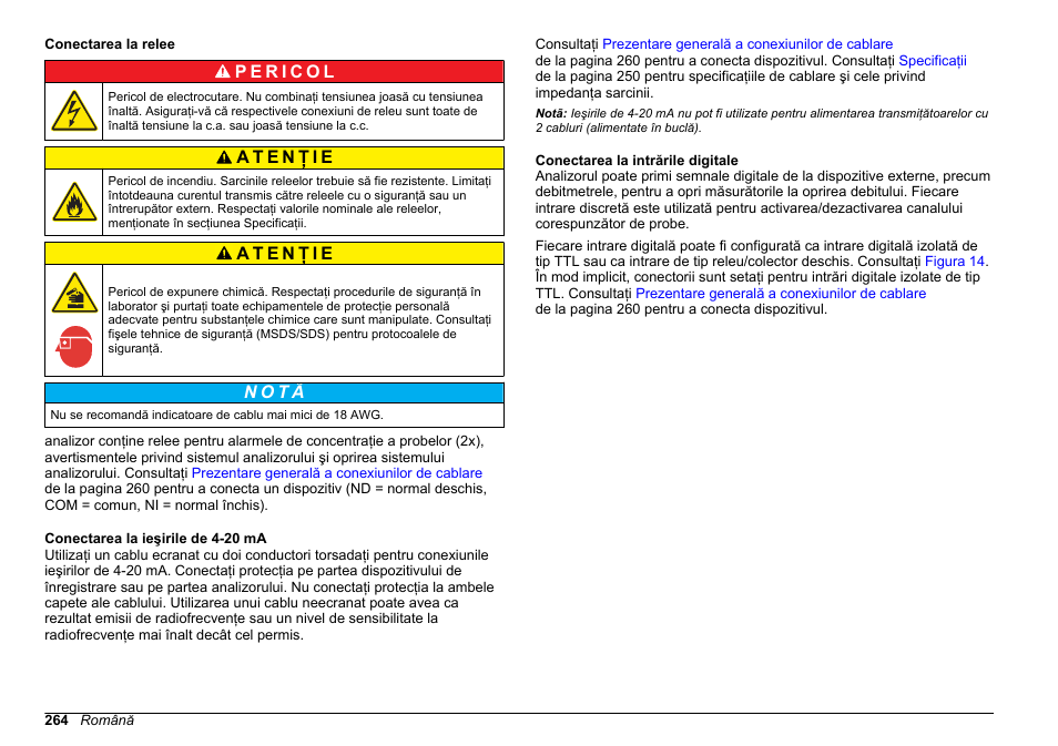 Conectarea la relee, Conectarea la ieşirile de 4-20 ma, Conectarea la intrările digitale | N o t ã | Hach-Lange HACH 5500 sc Installation User Manual | Page 264 / 408