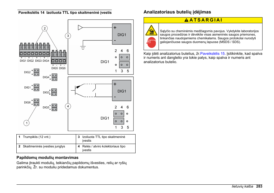 Papildomų modulių montavimas, Analizatoriaus butelių įdėjimas, Paveikslėlis 14 | Hach-Lange HACH 5500 sc Installation User Manual | Page 283 / 408