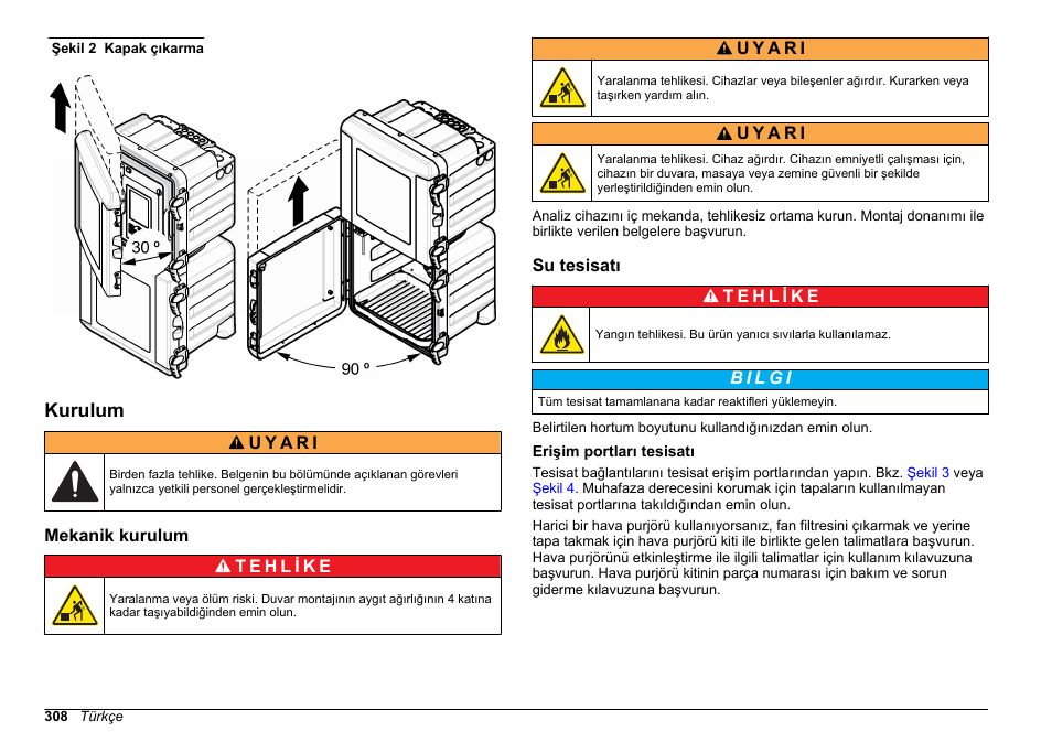 Kurulum, Mekanik kurulum, Su tesisatı | Erişim portları tesisatı | Hach-Lange HACH 5500 sc Installation User Manual | Page 308 / 408