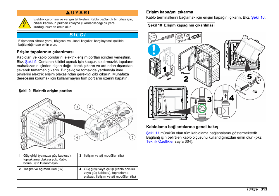 Erişim tapalarının çıkarılması, Erişim kapağını çıkarma, Kablolama bağlantılarına genel bakış | Hach-Lange HACH 5500 sc Installation User Manual | Page 313 / 408