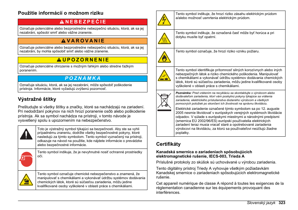 Použitie informácií o možnom riziku, Výstražné štítky, Certifikáty | Hach-Lange HACH 5500 sc Installation User Manual | Page 323 / 408