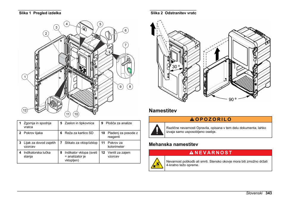 Namestitev, Mehanska namestitev, Glejte | Slika 1, Za pregled, Enostavno odstranite. glejte, Slika 2 | Hach-Lange HACH 5500 sc Installation User Manual | Page 343 / 408