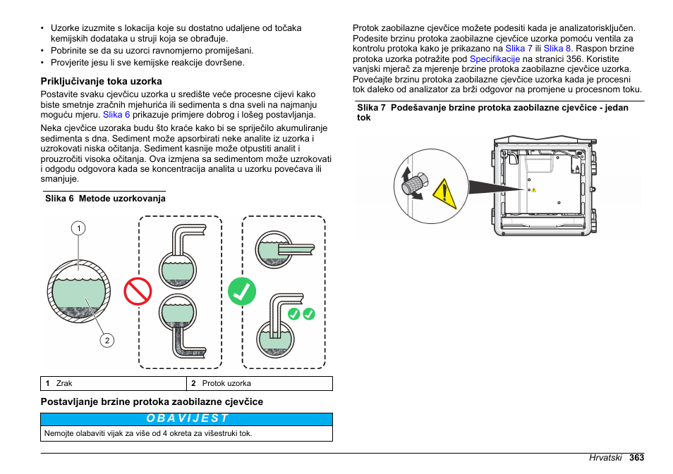 Priključivanje toka uzorka, Postavljanje brzine protoka zaobilazne cjevčice | Hach-Lange HACH 5500 sc Installation User Manual | Page 363 / 408