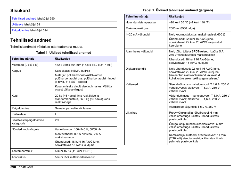 Paigaldamine, Sisukord, Tehnilised andmed | Eesti keel | Hach-Lange HACH 5500 sc Installation User Manual | Page 390 / 408