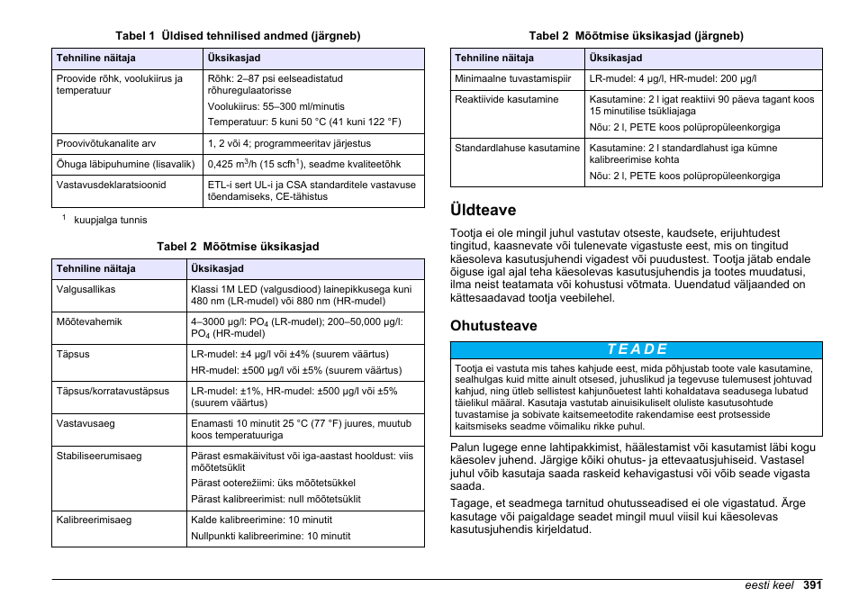 Üldteave, Ohutusteave, Leheküljel | Hach-Lange HACH 5500 sc Installation User Manual | Page 391 / 408