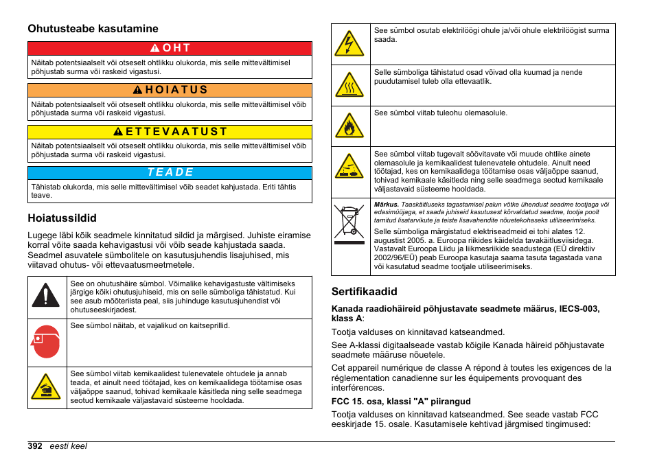 Ohutusteabe kasutamine, Hoiatussildid, Sertifikaadid | Ohutusteabe kasutamine o h t | Hach-Lange HACH 5500 sc Installation User Manual | Page 392 / 408