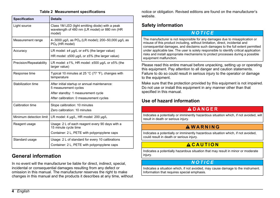 General information, Safety information, Use of hazard information | Hach-Lange HACH 5500 sc Installation User Manual | Page 4 / 408