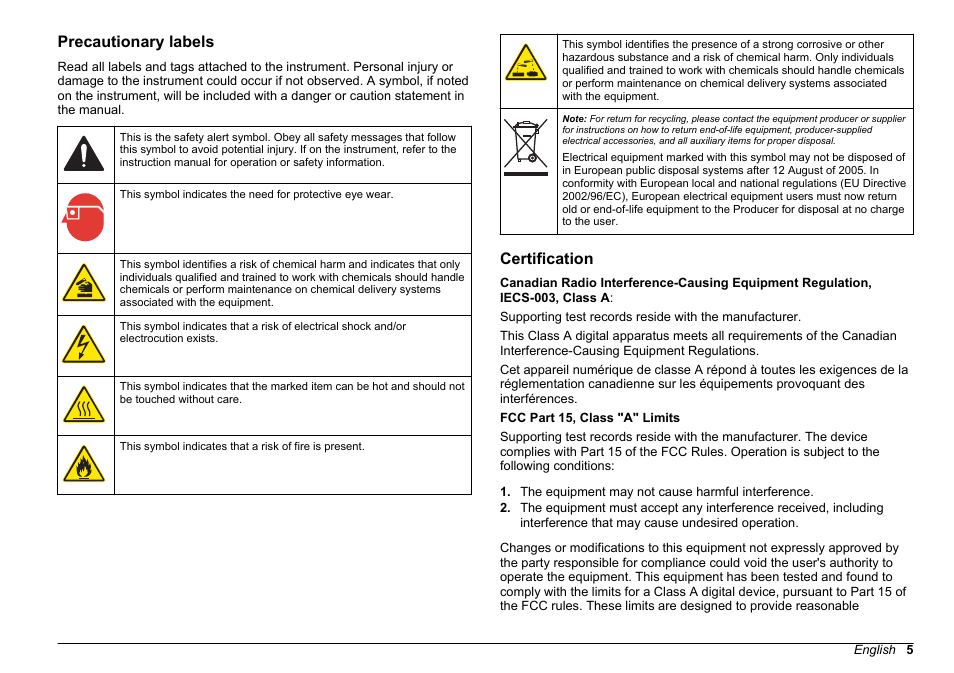 Precautionary labels, Certification | Hach-Lange HACH 5500 sc Installation User Manual | Page 5 / 408