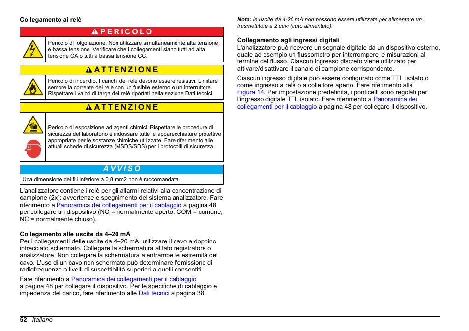 Collegamento ai relè, Collegamento alle uscite da 4‍–‍20 ma, Collegamento agli ingressi digitali | Hach-Lange HACH 5500 sc Installation User Manual | Page 52 / 408