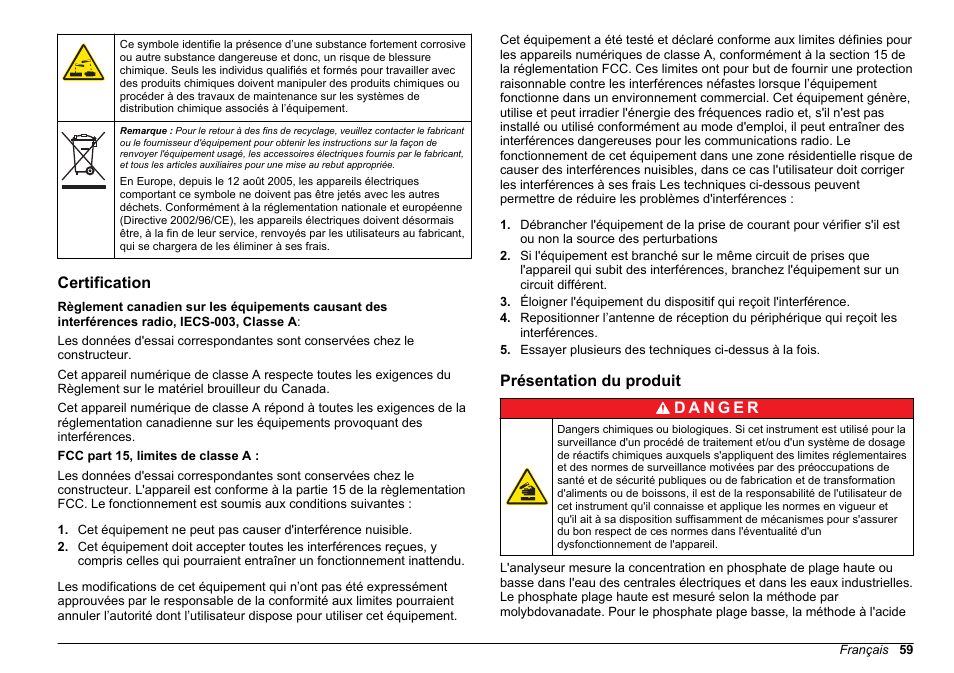 Certification, Présentation du produit | Hach-Lange HACH 5500 sc Installation User Manual | Page 59 / 408