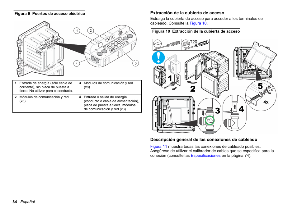 Extracción de la cubierta de acceso, Descripción general de las conexiones de cableado | Hach-Lange HACH 5500 sc Installation User Manual | Page 84 / 408
