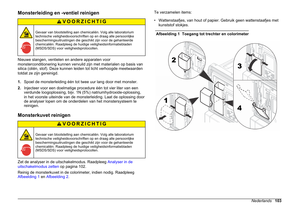 Monsterleiding en -ventiel reinigen, Monsterkuvet reinigen | Hach-Lange HACH 5500 sc Maintenance and Troubleshooting User Manual | Page 103 / 286