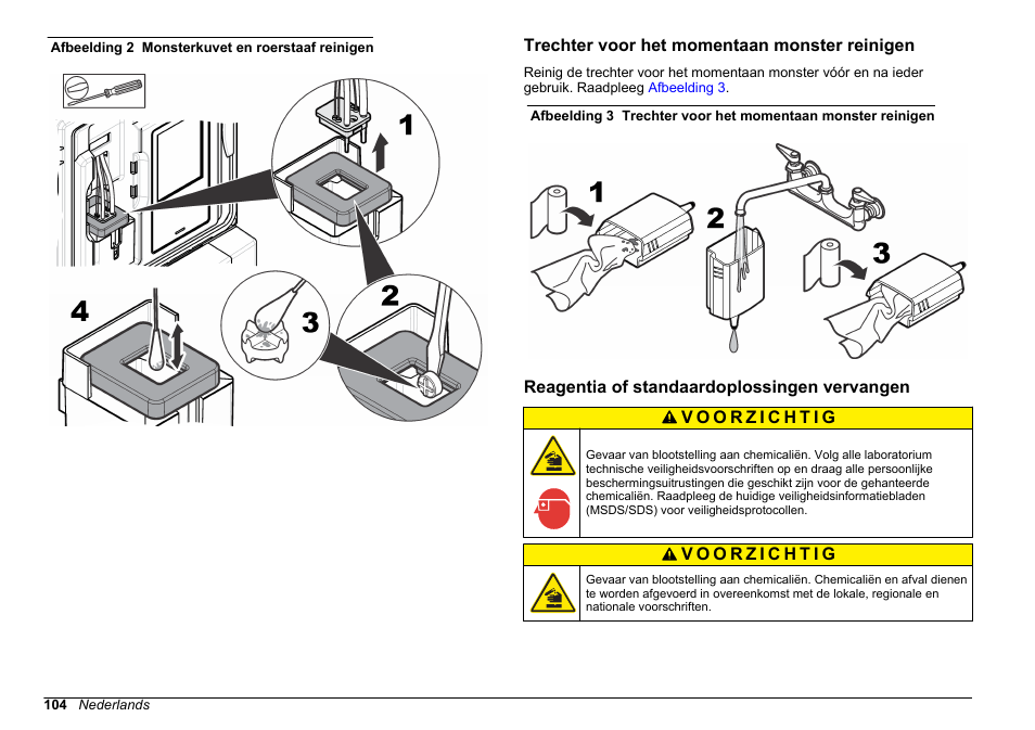 Trechter voor het momentaan monster reinigen, Reagentia of standaardoplossingen vervangen, Reagentia of | Standaardoplossingen vervangen, Afbeelding 2 | Hach-Lange HACH 5500 sc Maintenance and Troubleshooting User Manual | Page 104 / 286