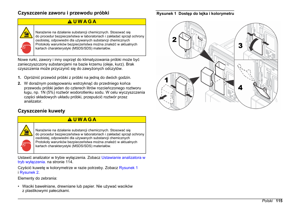 Czyszczenie zaworu i przewodu próbki, Czyszczenie kuwety | Hach-Lange HACH 5500 sc Maintenance and Troubleshooting User Manual | Page 115 / 286
