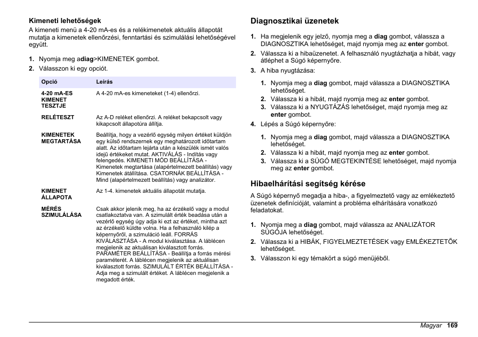 Kimeneti lehetőségek, Diagnosztikai üzenetek, Hibaelhárítási segítség kérése | Hach-Lange HACH 5500 sc Maintenance and Troubleshooting User Manual | Page 169 / 286