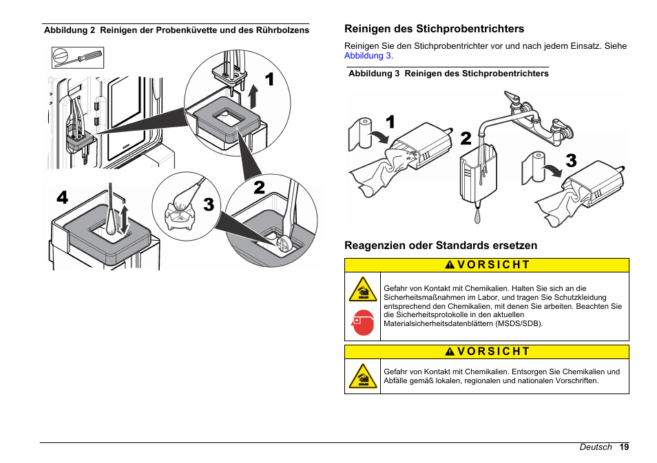 Reinigen des stichprobentrichters, Reagenzien oder standards ersetzen, Reagenzien oder standards | Ersetzen, Abbildung 2 | Hach-Lange HACH 5500 sc Maintenance and Troubleshooting User Manual | Page 19 / 286