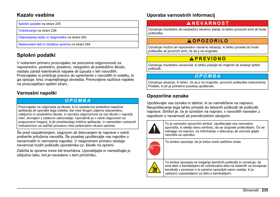 Vzdrževanje in odpravljanje težav, Kazalo vsebine, Splošni podatki | Varnostni napotki, Uporaba varnostnih informacij, Opozorilne oznake, Slovenski | Hach-Lange HACH 5500 sc Maintenance and Troubleshooting User Manual | Page 235 / 286