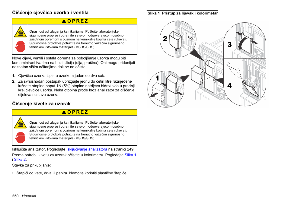 Čišćenje cjevčica uzorka i ventila, Čišćenje kivete za uzorak | Hach-Lange HACH 5500 sc Maintenance and Troubleshooting User Manual | Page 250 / 286