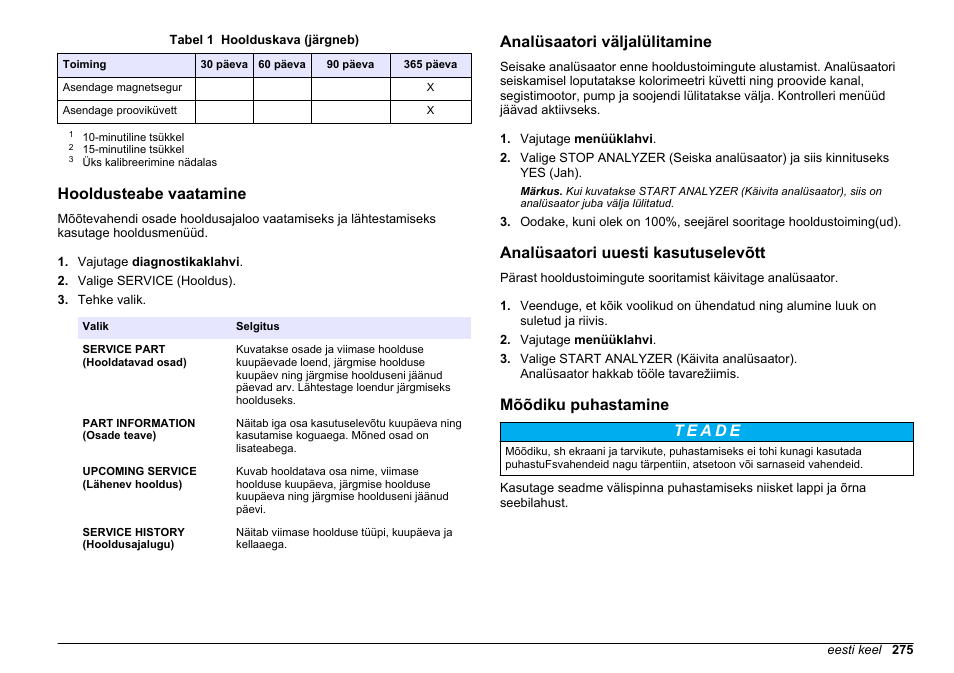 Hooldusteabe vaatamine, Analüsaatori väljalülitamine, Analüsaatori uuesti kasutuselevõtt | Mõõdiku puhastamine | Hach-Lange HACH 5500 sc Maintenance and Troubleshooting User Manual | Page 275 / 286
