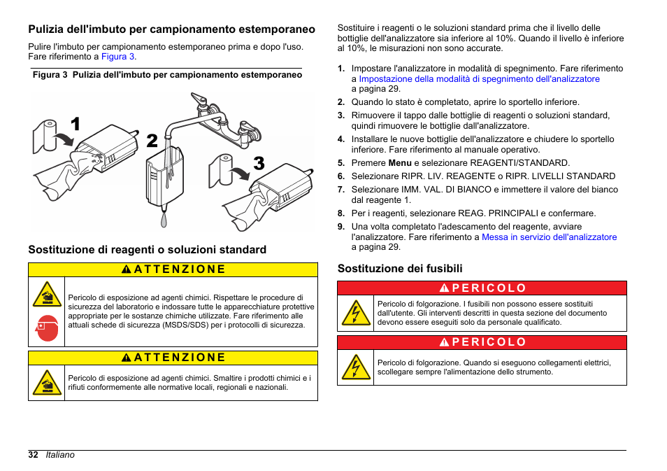 Pulizia dell'imbuto per campionamento estemporaneo, Sostituzione di reagenti o soluzioni standard, Sostituzione dei fusibili | Sostituzione di reagenti o, Soluzioni standard | Hach-Lange HACH 5500 sc Maintenance and Troubleshooting User Manual | Page 32 / 286