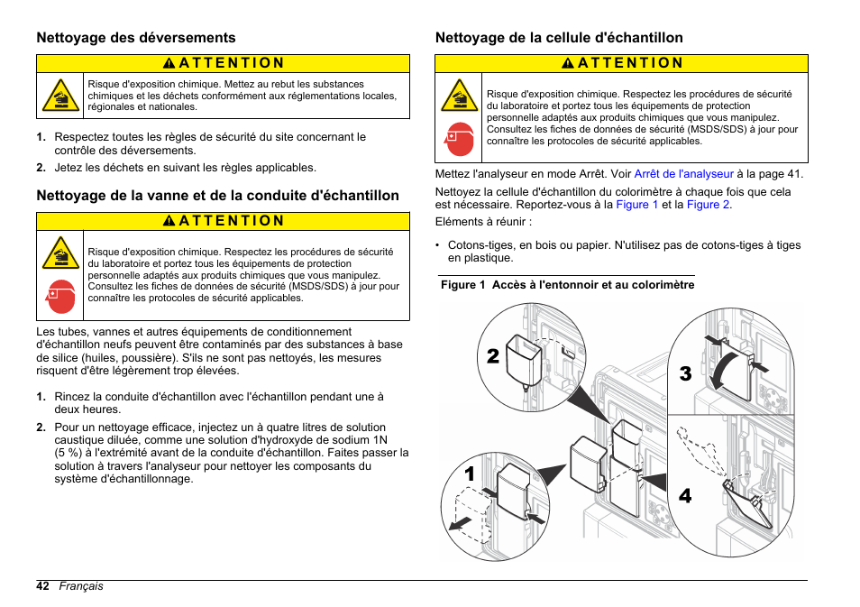 Nettoyage des déversements, Nettoyage de la cellule d'échantillon, D'échantillon | Nettoyage de, La cellule d'échantillon | Hach-Lange HACH 5500 sc Maintenance and Troubleshooting User Manual | Page 42 / 286