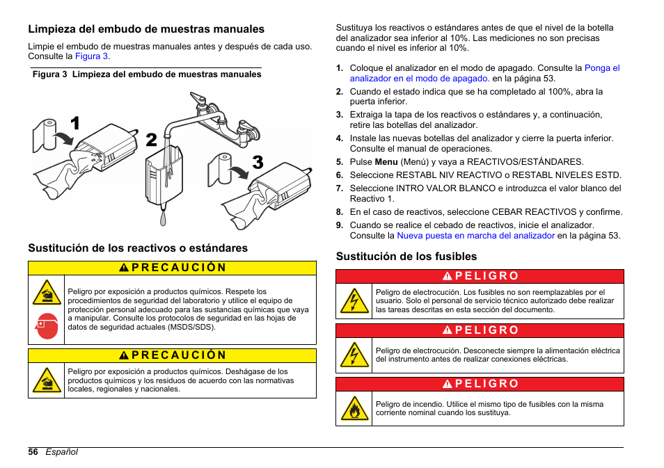 Limpieza del embudo de muestras manuales, Sustitución de los reactivos o estándares, Sustitución de los fusibles | Sustitución de los reactivos o, Estándares | Hach-Lange HACH 5500 sc Maintenance and Troubleshooting User Manual | Page 56 / 286