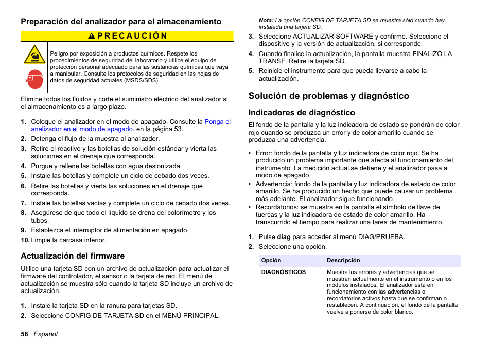 Preparación del analizador para el almacenamiento, Actualización del firmware, Solución de problemas y diagnóstico | Indicadores de diagnóstico | Hach-Lange HACH 5500 sc Maintenance and Troubleshooting User Manual | Page 58 / 286