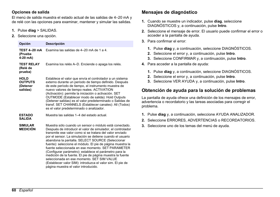 Opciones de salida, Mensajes de diagnóstico, Obtención de ayuda para la solución de problemas | Mantener y simular las salidas. consulte, Opciones, De salida | Hach-Lange HACH 5500 sc Maintenance and Troubleshooting User Manual | Page 60 / 286