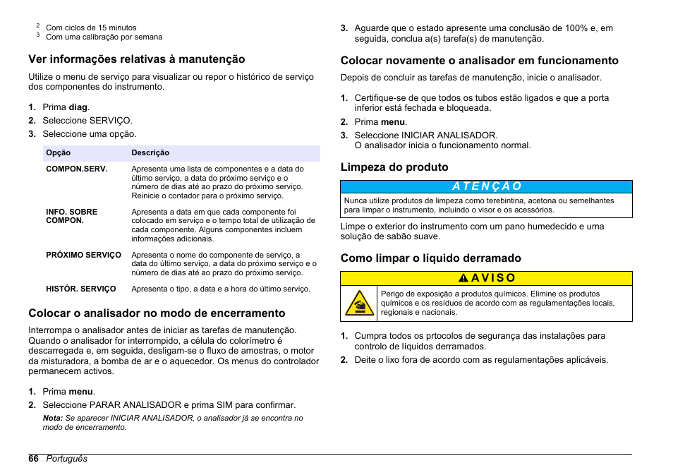Ver informações relativas à manutenção, Colocar o analisador no modo de encerramento, Colocar novamente o analisador em funcionamento | Limpeza do produto, Como limpar o líquido derramado, Externas, Limpeza do, Produto | Hach-Lange HACH 5500 sc Maintenance and Troubleshooting User Manual | Page 66 / 286
