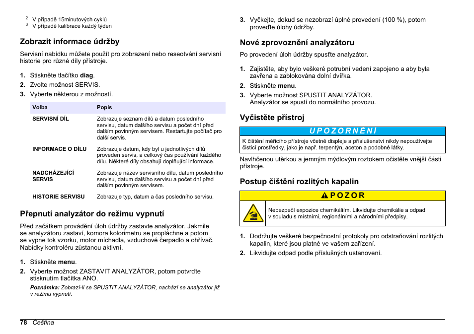 Zobrazit informace údržby, Přepnutí analyzátor do režimu vypnutí, Nové zprovoznění analyzátoru | Vyčistěte přístroj, Postup čištění rozlitých kapalin | Hach-Lange HACH 5500 sc Maintenance and Troubleshooting User Manual | Page 78 / 286