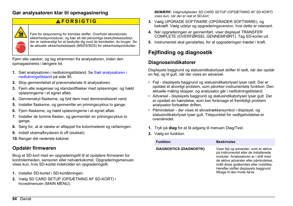 Gør analysatoren klar til opmagasinering, Opdatér firmwaren, Fejlfinding og diagnostik | Diagnoseindikatorer | Hach-Lange HACH 5500 sc Maintenance and Troubleshooting User Manual | Page 94 / 286
