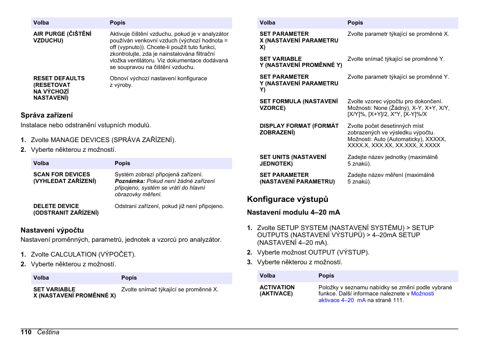 Správa zařízení, Nastavení výpočtu, Konfigurace výstupů | Nastavení modulu 4–20 ma, Další informace naleznete v | Hach-Lange HACH 5500 sc PO43-HR Operations User Manual | Page 110 / 390