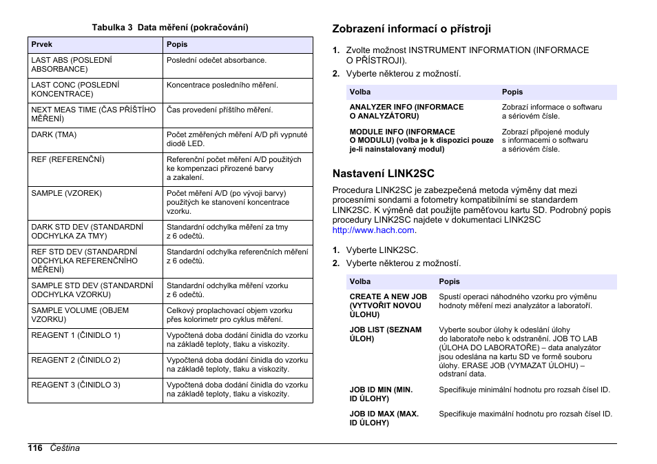 Zobrazení informací o přístroji, Nastavení link2sc, Zobrazení | Informací o přístroji | Hach-Lange HACH 5500 sc PO43-HR Operations User Manual | Page 116 / 390