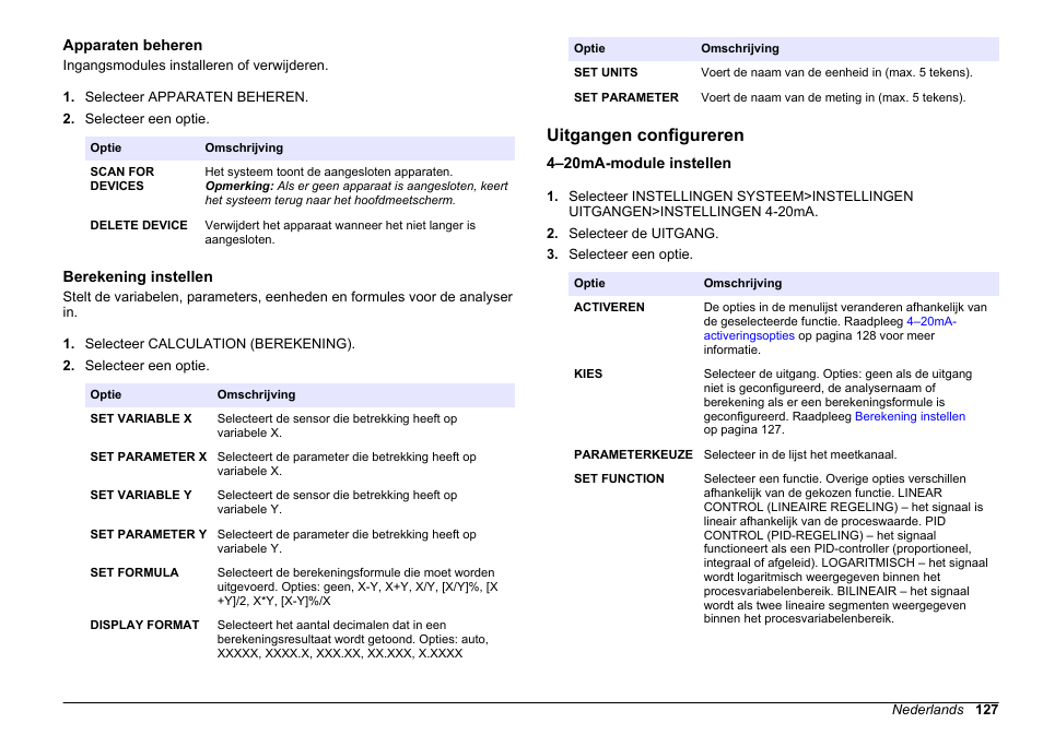 Apparaten beheren, Berekening instellen, Uitgangen configureren | 4–20ma-module instellen, Raadpleeg | Hach-Lange HACH 5500 sc PO43-HR Operations User Manual | Page 127 / 390