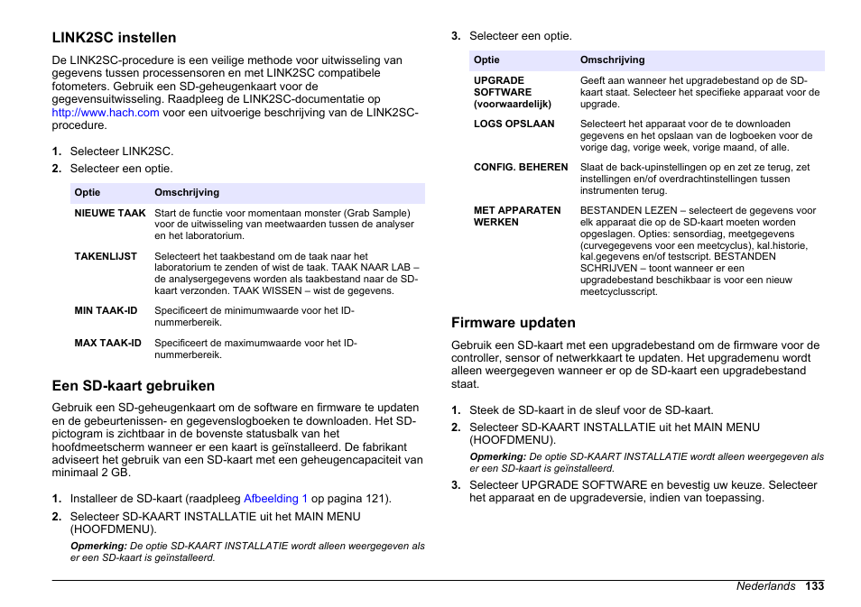 Link2sc instellen, Een sd-kaart gebruiken, Firmware updaten | Hach-Lange HACH 5500 sc PO43-HR Operations User Manual | Page 133 / 390