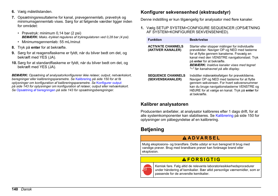 Konfigurer sekvensenhed (ekstraudstyr), Kalibrer analysatoren, Betjening | På side | Hach-Lange HACH 5500 sc PO43-HR Operations User Manual | Page 140 / 390