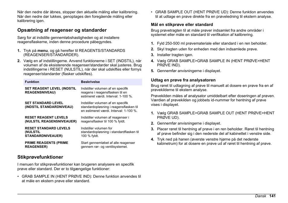 Opsætning af reagenser og standarder, Stikprøvefunktioner, Mål en stikprøve eller standard | Udtag en prøve fra analysatoren | Hach-Lange HACH 5500 sc PO43-HR Operations User Manual | Page 141 / 390