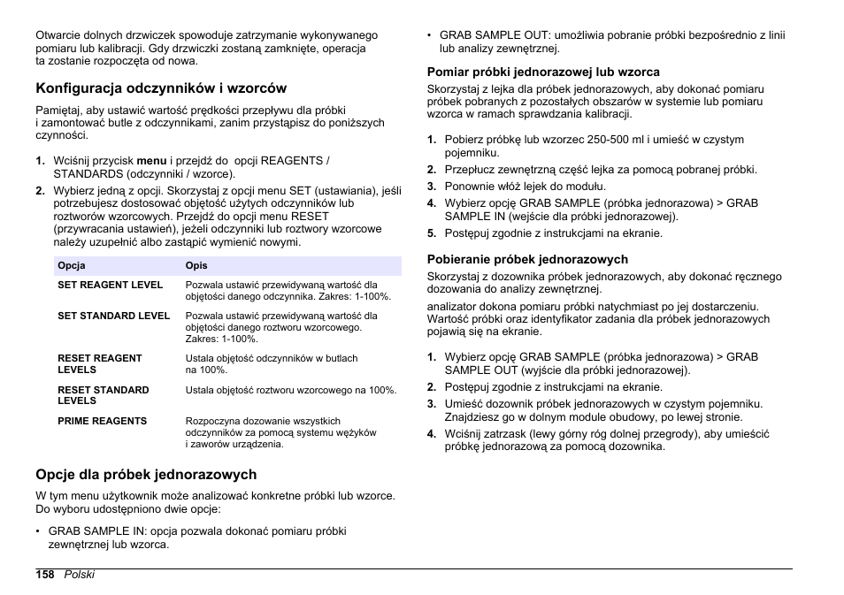 Konfiguracja odczynników i wzorców, Opcje dla próbek jednorazowych, Pomiar próbki jednorazowej lub wzorca | Pobieranie próbek jednorazowych | Hach-Lange HACH 5500 sc PO43-HR Operations User Manual | Page 158 / 390
