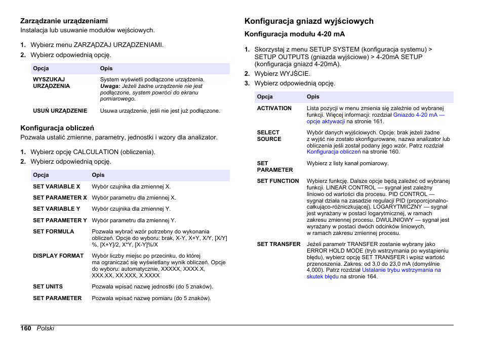 Zarządzanie urządzeniami, Konfiguracja obliczeń, Konfiguracja gniazd wyjściowych | Konfiguracja modułu 4-20 ma, Rozdział, Konfiguracja gniazd, Wyjściowych, Konfiguracja, Obliczeń | Hach-Lange HACH 5500 sc PO43-HR Operations User Manual | Page 160 / 390