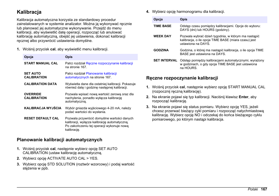 Kalibracja, Planowanie kalibracji automatycznych, Ręczne rozpoczynanie kalibracji | Na stronie 167, Na stronie, Rozpocząć tę procedurę, przejdź do rozdziału | Hach-Lange HACH 5500 sc PO43-HR Operations User Manual | Page 167 / 390