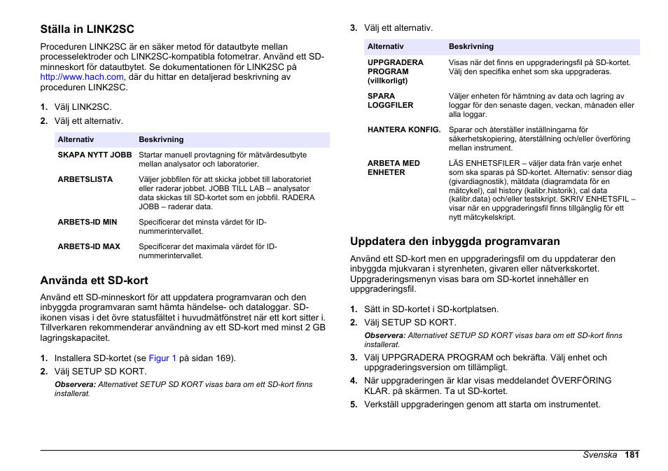 Ställa in link2sc, Använda ett sd-kort, Uppdatera den inbyggda programvaran | Hach-Lange HACH 5500 sc PO43-HR Operations User Manual | Page 181 / 390