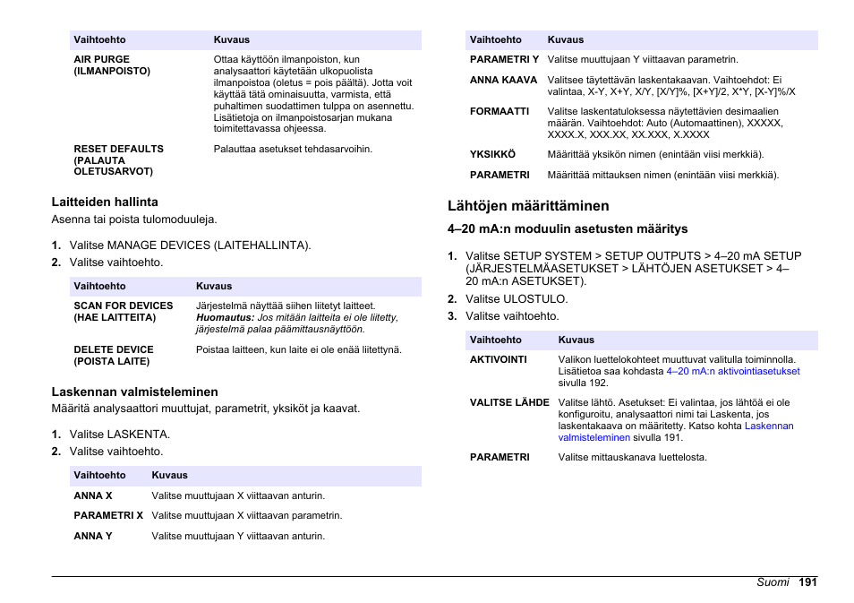 Laitteiden hallinta, Laskennan valmisteleminen, Lähtöjen määrittäminen | 4–20 ma:n moduulin asetusten määritys, Lähtöjen, Määrittäminen, Sivulla 191, Kohdassa, Saa kohdasta, Yksiköt ja kaavat. katso kohta | Hach-Lange HACH 5500 sc PO43-HR Operations User Manual | Page 191 / 390